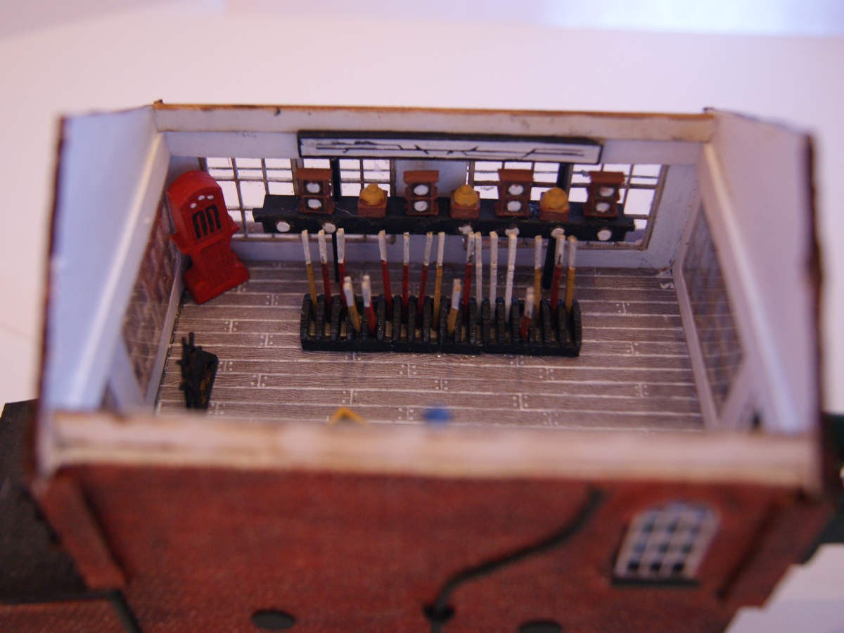 Medium signal box interior made with laser cut elements and 3D printed parts in a custom signal box.