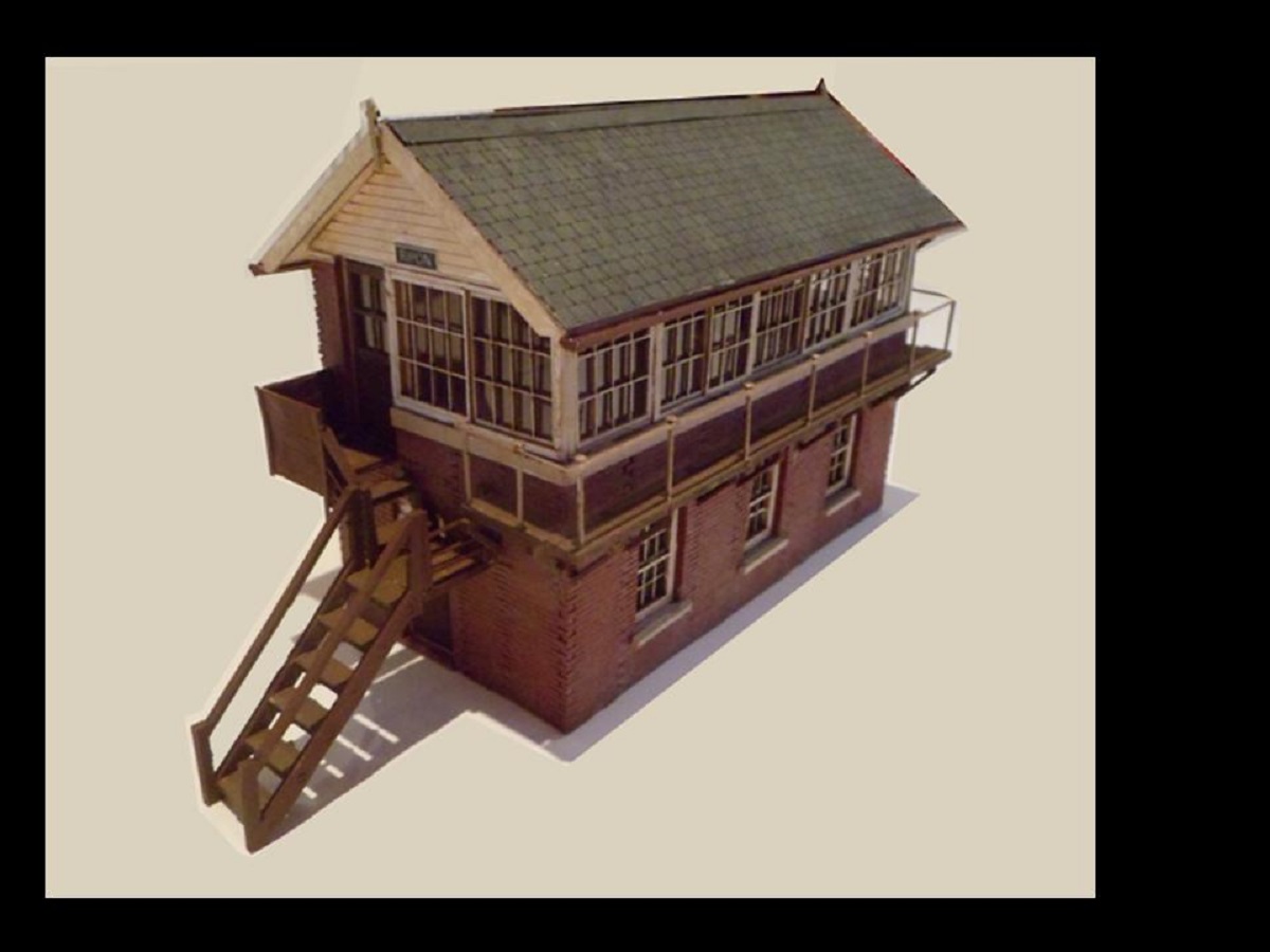 "This is a model of the signal box at Ripon. It was built by the NER and is a variant of one of their standard boxes. It lasted until about 1967.
While it bears little resemblance to any of the Lcut boxes available, it wasn't too difficult to work out how to make it by selecting the individual parts needed - in fact many of the parts used are not particularly for signal boxes at all. "